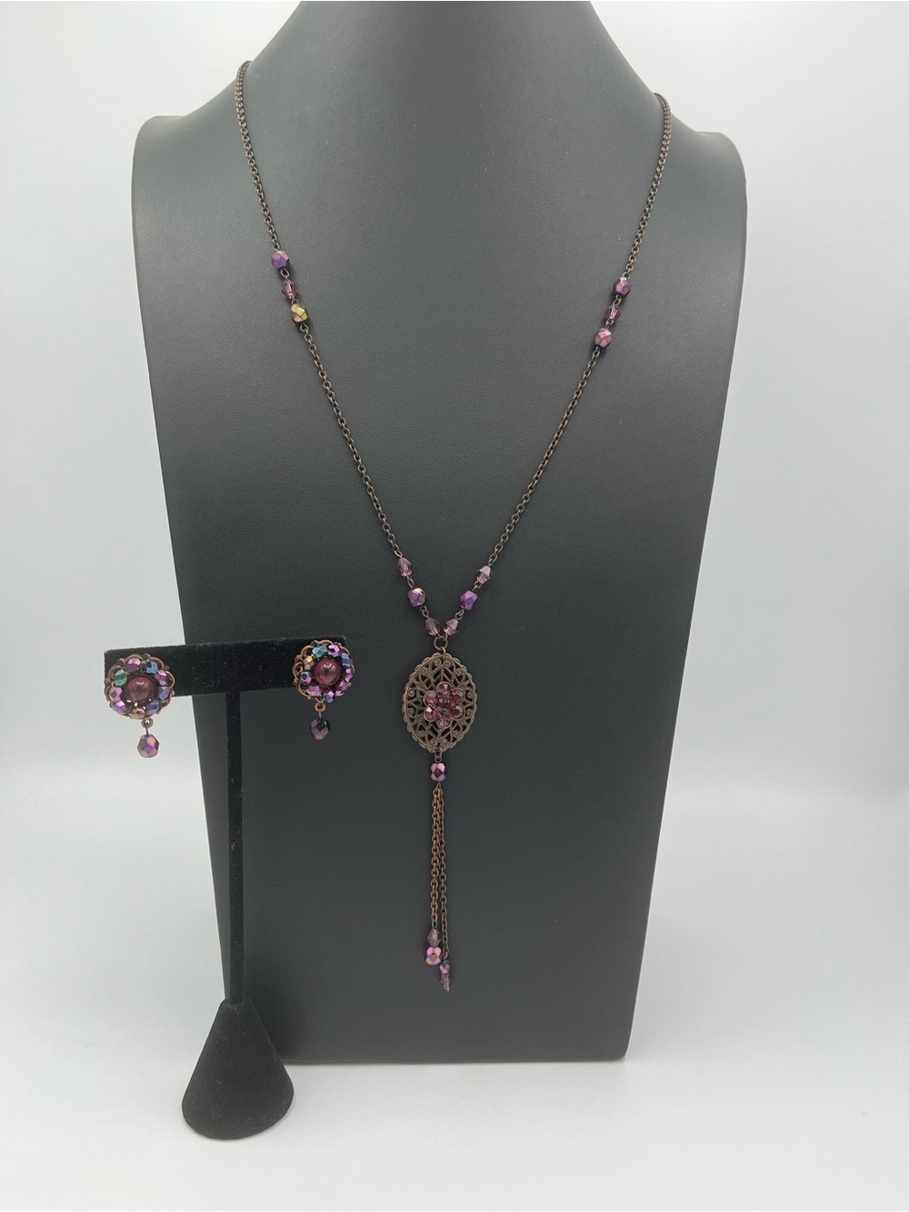Miriam Haskell Purple Beaded Filigree Drop Necklace